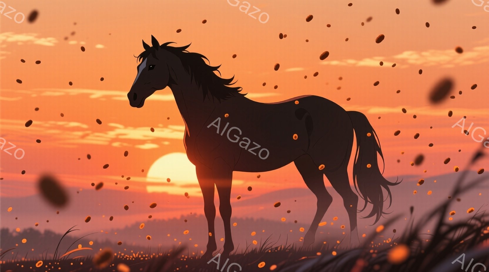 夕焼けを背景に、シルエットになった黒馬が草原に立っている。馬は、たてがみと尾が風になびき、力強く、静かに佇んでいる。背景にはぼんやりとした山並みと、舞い散る光の粒子が見られ、穏やかで神秘的な雰囲気を醸し出している。