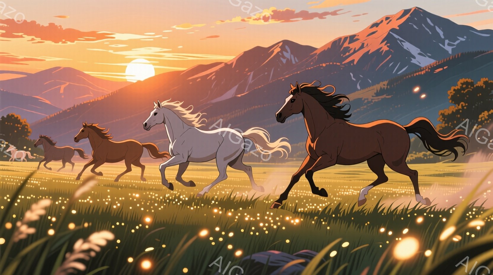 広大な草原を茶色と白の三頭の馬が疾走している。背景には、夕焼けに照らされた山々が連なり、オレンジ色とピンク色の空が美しい光景を作り出している。草原には黄色い花が咲き乱れ、馬の疾走と夕焼け空が調和した、 - AI生成フリー素材