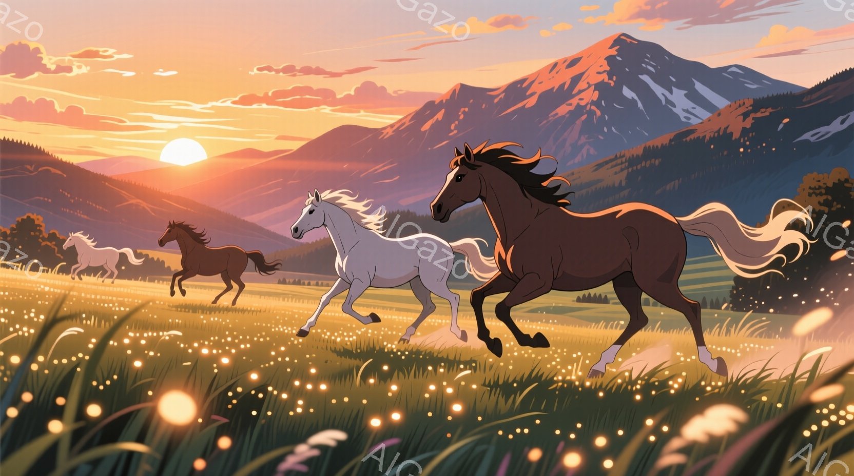 広大な草原を、茶色と白の三頭の馬が疾走している。背景には山々が連なり、夕焼け空が広がり、暖かく穏やかな雰囲気を醸し出している。草原には黄色い花が咲き乱れ、馬たちの力強い躍動感と自然の美しさが際立ってい - AI生成フリー素材