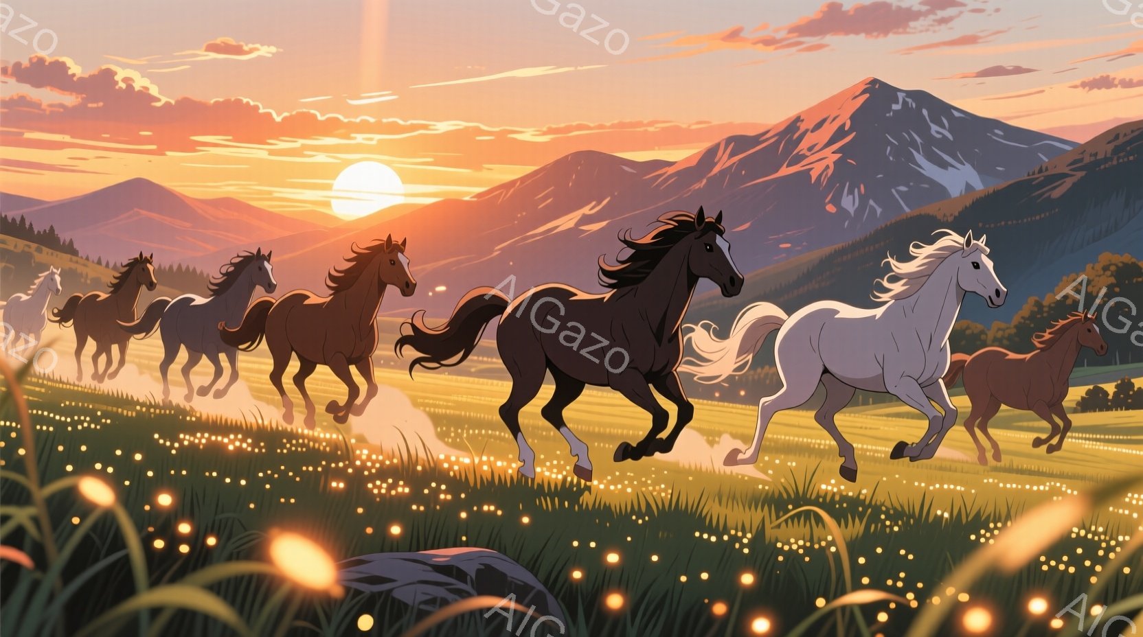 鮮やかな夕焼けを背景に、複数の馬が草原を疾走している様子が描かれている。馬たちは様々な毛色を持ち、力強く大地を蹴り上げながら、夕日に照らされた草地を駆け抜けている。背景には山々が連なり、黄金色の光が全体を包み込み、躍動感と自由な雰囲気を醸し出している。