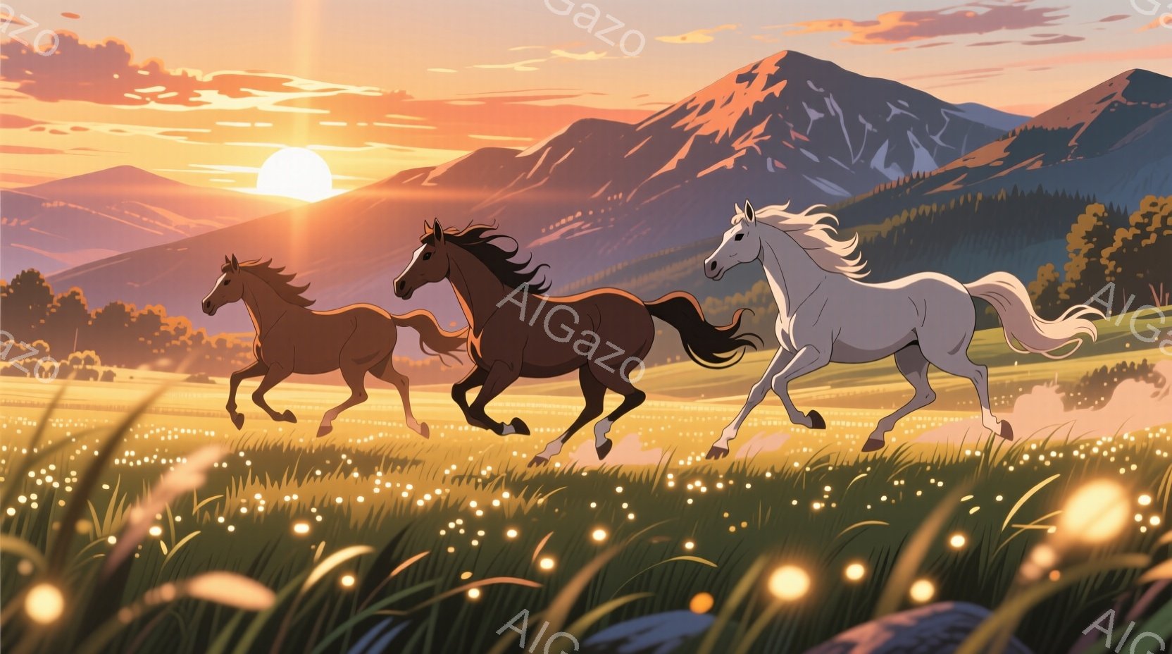 広大な草原を三頭の馬が疾走している様子が描かれている。背景にはなだらかな山々と夕焼け空が広がり、草地には黄色い花が咲き乱れている。馬たちはたてがみをなびかせながら力強く走り、躍動感と自由な雰囲気が漂っている。
