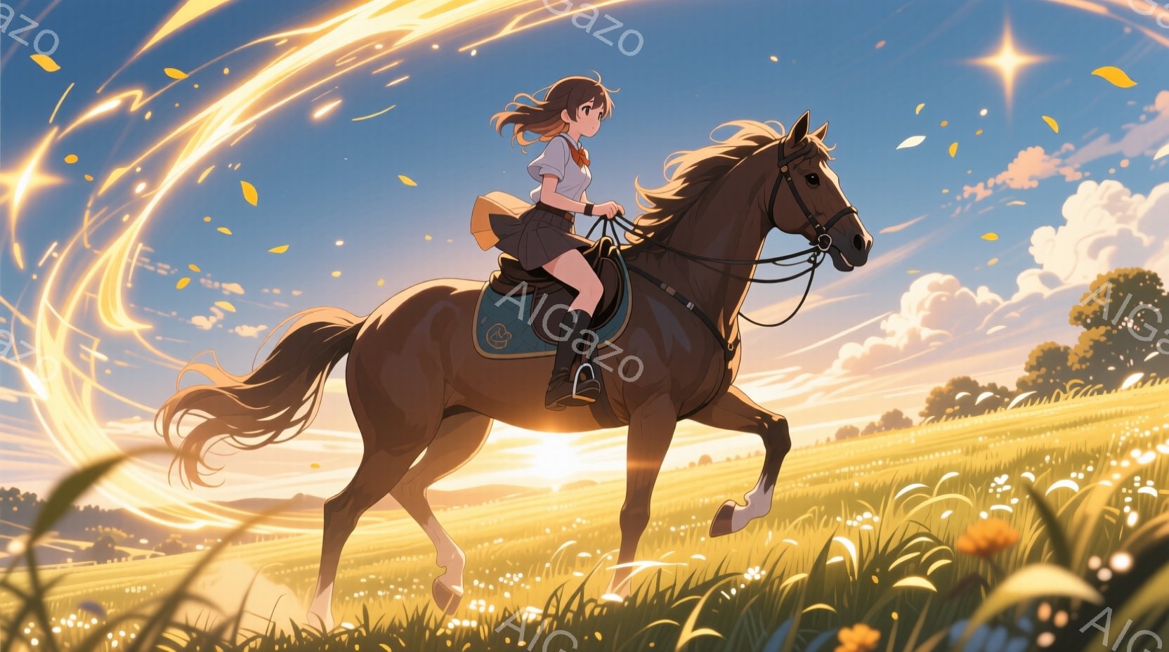 金色の草原を栗色の馬に乗った少女が疾走している。彼女は白いシャツに茶色のスカート、そして乗馬ブーツを履いており、長い茶髪を後ろで結んでいる。背景には緑の丘と夕焼け空が広がり、馬の周囲には光の粒子が舞い - AI生成フリー素材