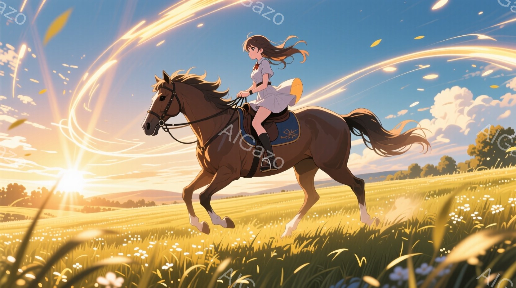 茶色の馬に乗った少女が草原を疾走している。少女は白いシャツと茶色のスカートを着用し、長い茶色の髪を後ろで結んでいる。背景は明るい青空と緑豊かな草原で、太陽の光が差し込み、活気のある暖かい雰囲気を醸し出 - AI生成フリー素材