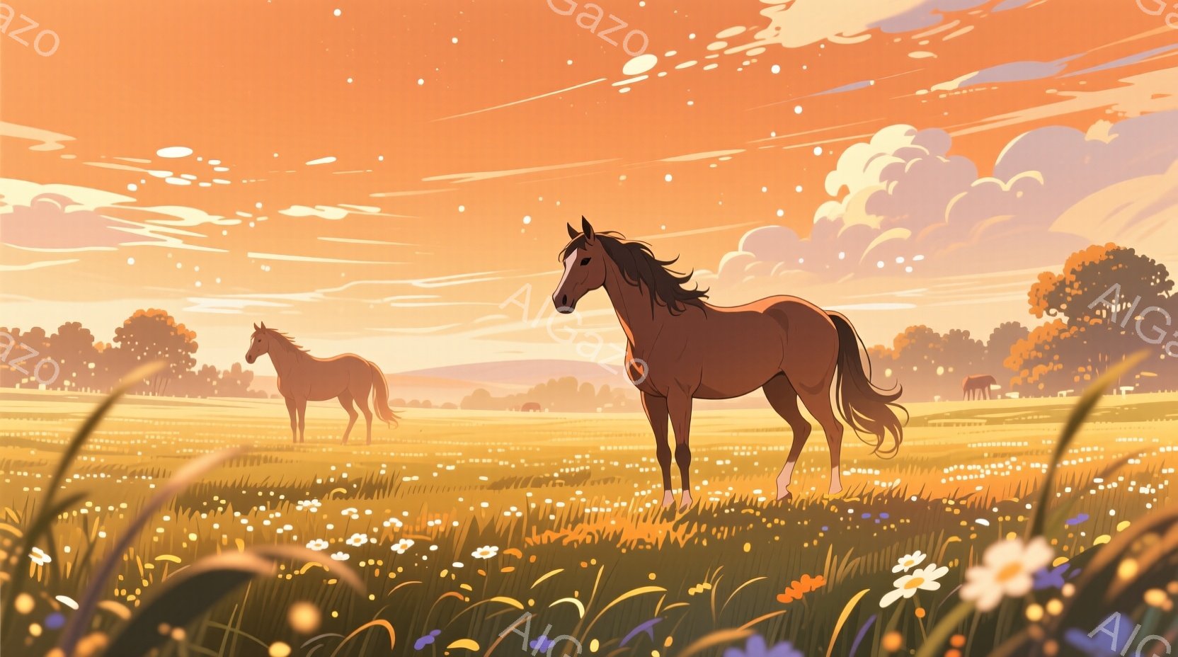 広大な草原で茶色の馬が数頭自由に歩き回っている。背景には木々が茂り、オレンジと黄色の暖かな夕焼け空が広がり、穏やかで平和な雰囲気を醸し出している。草原には様々な色の花々が咲き乱れ、馬たちの周りを彩って - AI生成フリー素材
