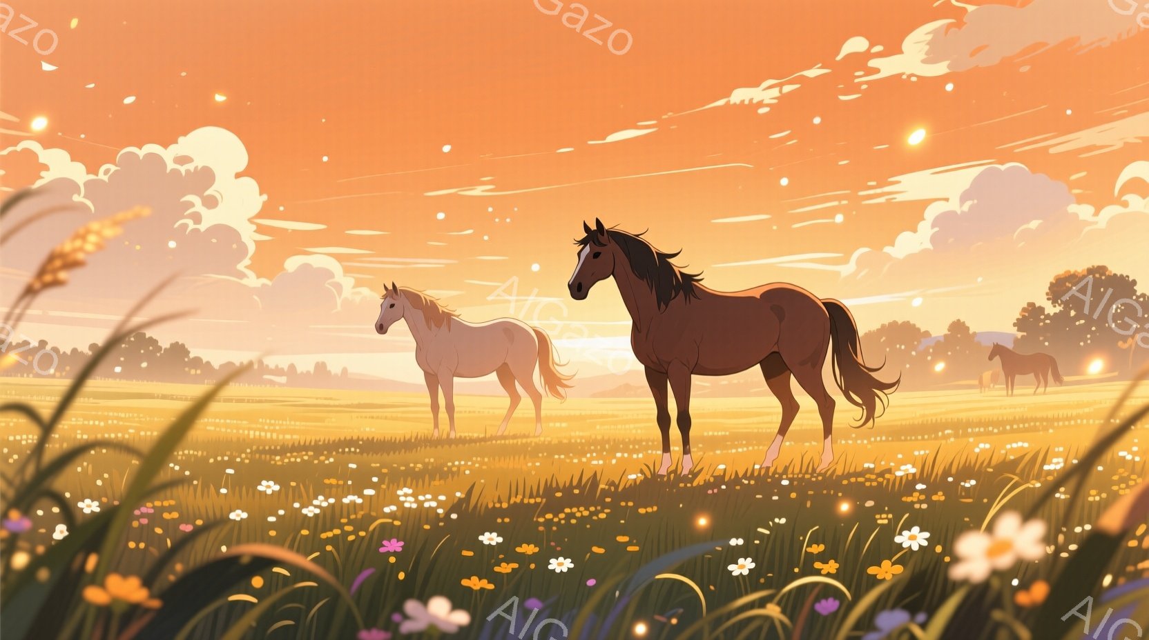 広大な草原で、茶色の馬と白馬が佇んでいます。背景には、夕焼け空と、遠くに見える木々が広がっており、暖かく穏やかな雰囲気を醸し出しています。草原には小さな花々が咲き乱れ、馬たちの足元を彩っています。