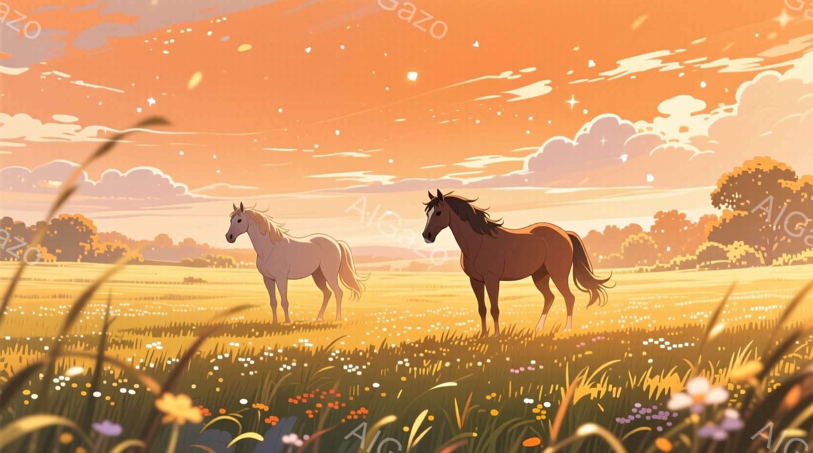 広大な草地で、白と茶色の二頭の馬が並んで立っている。背景には、オレンジと黄色の暖かい色調で描かれた丘と木々が広がり、空には夕焼けのような暖かく穏やかな光が広がっている。草地には様々な花が咲き乱れ、全体 - AI生成フリー素材