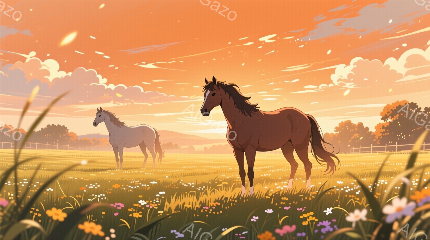 広大な草原で、栗毛の馬と白馬が並んで立っている。背景には、木々やフェンスが見え、夕焼けのような暖かなオレンジ色の光が草原全体を照らしている。花々が咲き乱れる草原と、穏やかな空気が、静かで平和な雰囲気を醸し出している。