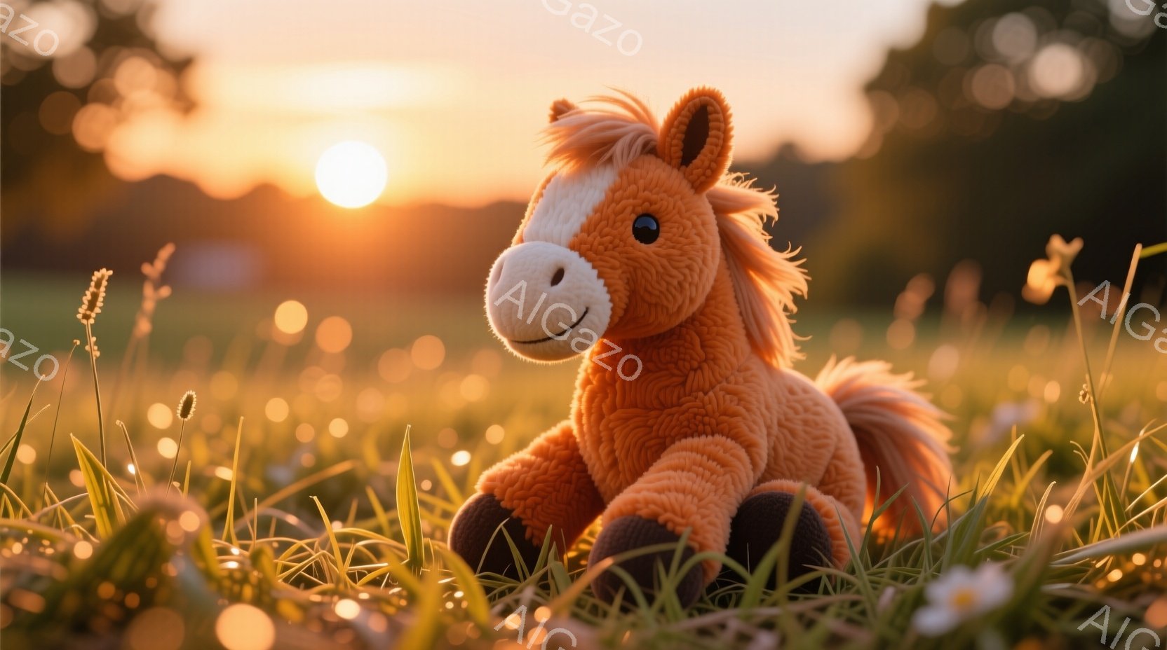 明るいオレンジ色の毛並みを持つ、ふわふわのぬいぐるみのおもちゃが、緑豊かな草の上に座っています。優しい表情と少し微笑んだ口元が特徴で、夕焼けのような暖かい光に照らされています。背景にはぼんやりとした自 - AI生成フリー素材