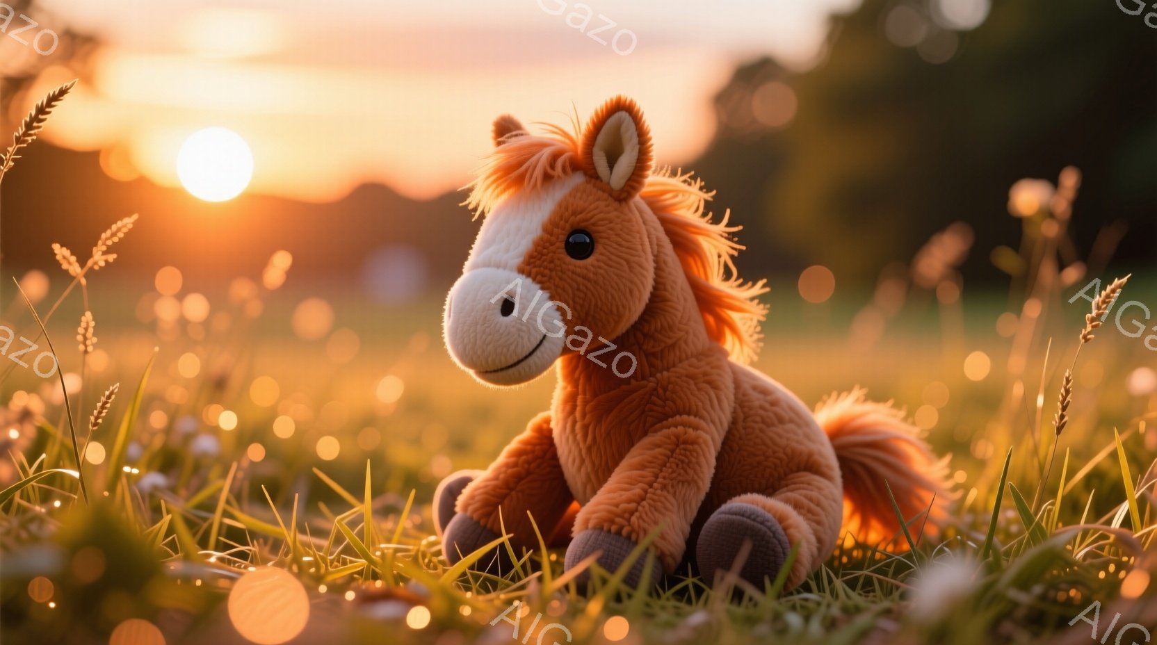 明るいオレンジ色の毛並みを持つ、柔らかい質感のぬいぐるみ馬が、緑豊かな草むらに座っています。背景には、夕焼けの暖かな光が差し込み、草の葉と小麦色の穂がぼんやりと光を反射しています。全体的に、穏やかで平和な雰囲気であり、夕暮れ時の優しい光が、暖かく心地よい印象を与えます。