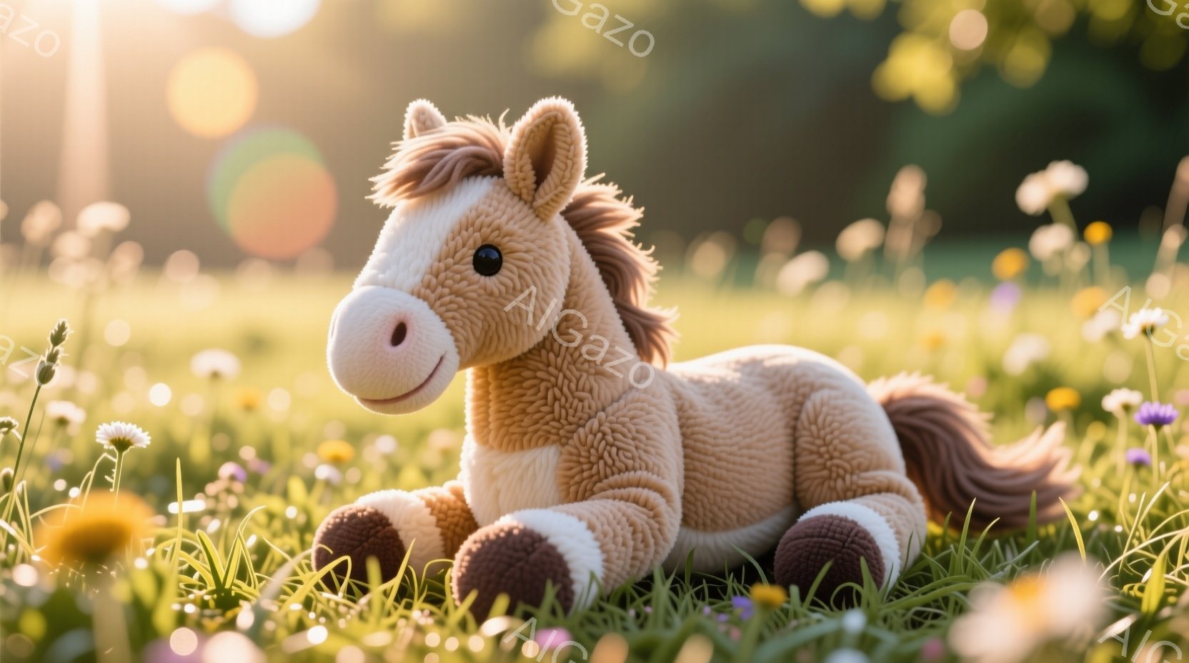 明るい野原に、ふわふわの茶色の馬のぬいぐるみがおとなしく横たわっています。ぬいぐるみは優しい表情をしており、短い茶色のたてがみが特徴的です。周囲には小さな花々が咲き乱れ、太陽の光が差し込み、温かく穏やかな雰囲気を醸し出しています。