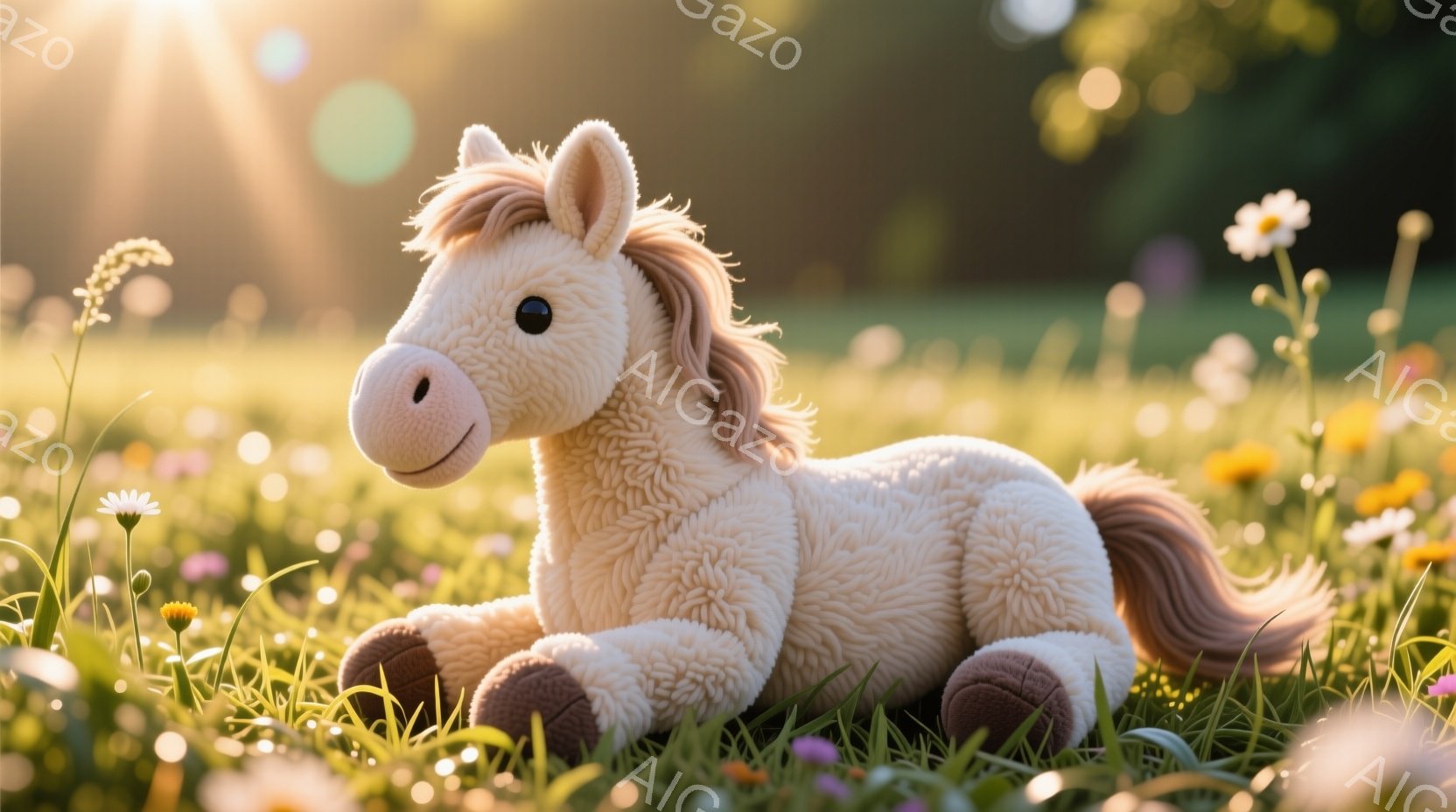 淡いクリーム色の毛並みの、ふわふわとしたテディベアのような馬のおもちゃが、草花が生い茂る緑の草原に横たわっています。おもちゃは優しい表情で、前足を伸ばしてリラックスした様子です。背景は太陽の光が差し込む明るい草原で、穏やかで暖かい雰囲気が漂っています。