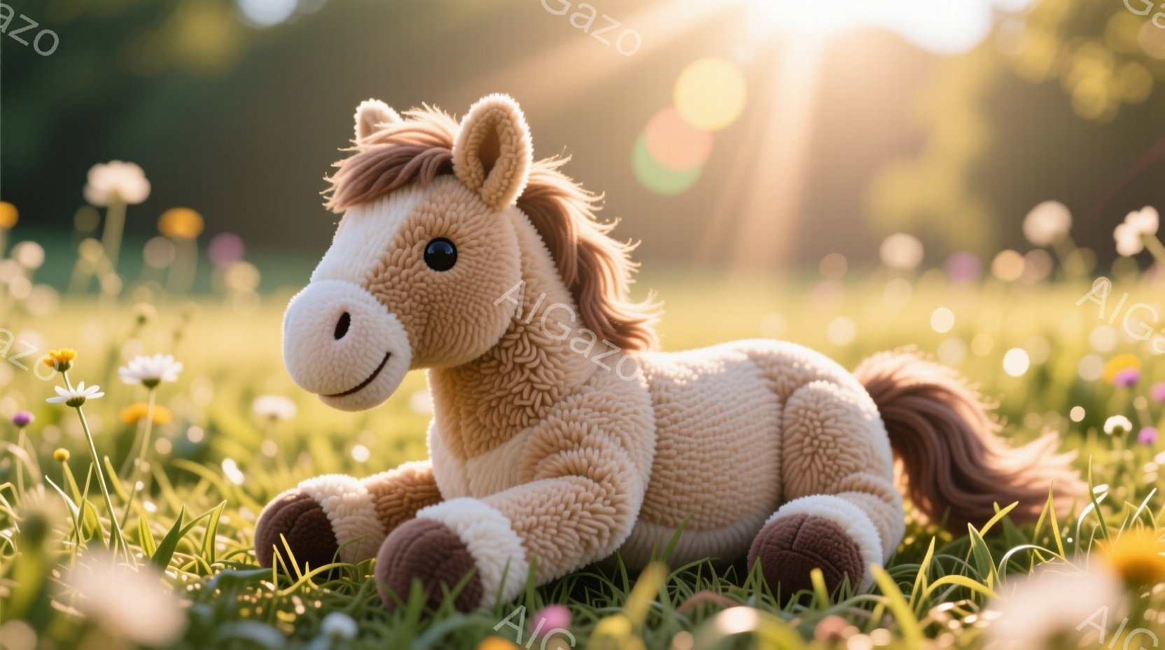 この、人物の服装、髪型、表情がなく、また動作や姿勢も示されていません。背景は草原で、日差しが浮かぶ明るい場所にあり、天気は晴れです。全体の雰囲気は穏やかで、心地よい印象を与えます。