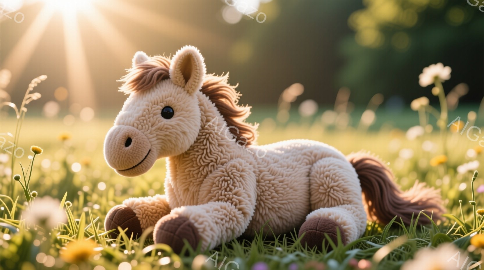 ふわふわのクリーム色の毛並みを持つ、ぬいぐるみの子馬が草原に横たわっています。子馬は暖かく柔らかな光に照らされ、リラックスした表情で穏やかな雰囲気を醸し出しています。背景には、鮮やかな緑の草と黄色い花 - AI生成フリー素材