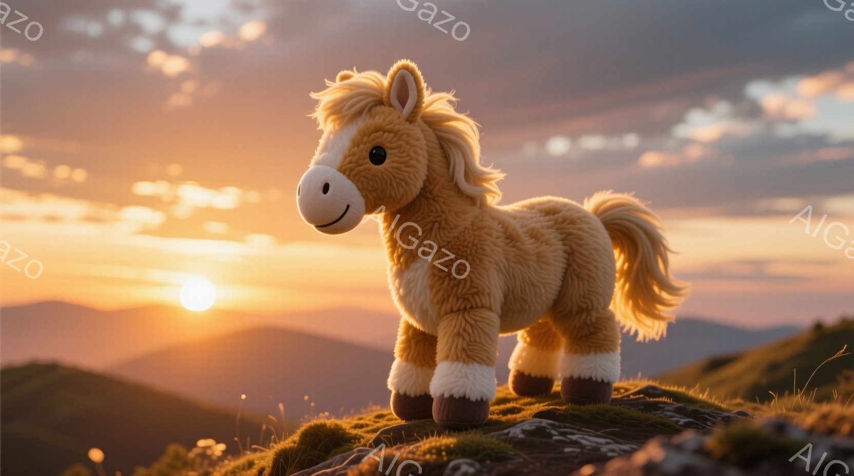 ふわふわの淡いオレンジ色の馬のぬいぐるみは、緑の草が生えた岩の上で立っています。背景には、オレンジとピンクの夕焼け空と、霞んだ山々が広がっており、温かく穏やかな雰囲気を醸し出しています。ぬいぐるみは前 - AI生成フリー素材