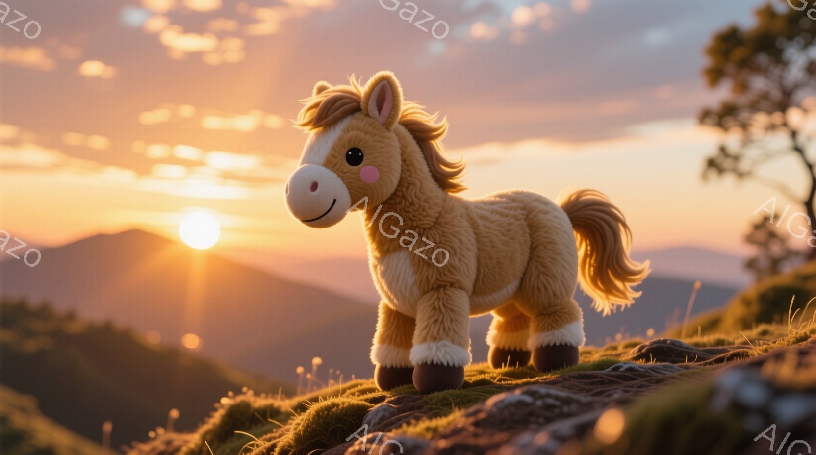 明るい夕焼けを背景に、ふわふわの茶色の馬のぬいぐるみがお座りしている。ぬいぐるみは、毛並みが柔らかく、前髪が少しカールしている。背景には、緑の丘と遠くに見える山々が広がり、空には暖かくオレンジ色の夕焼 - AI生成フリー素材