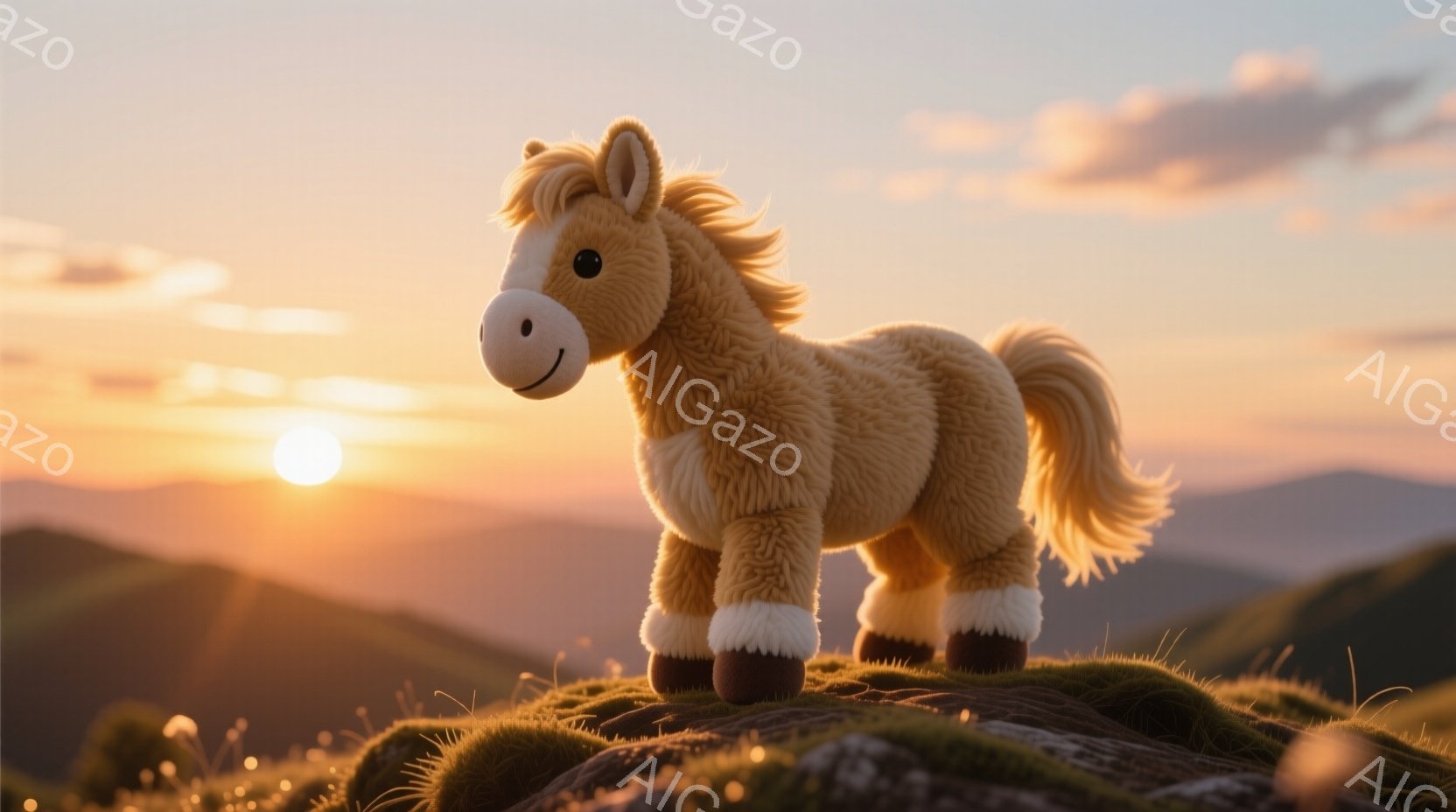 草の生えた丘の上に立つ、ふわふわの茶色の馬のぬいぐるみを示しています。馬は穏やかな表情で、太陽が沈む夕焼けを背景に、静かに立っています。遠くには山々が連なり、暖かい光が全体を包み込み、平和で心地よい雰 - AI生成フリー素材