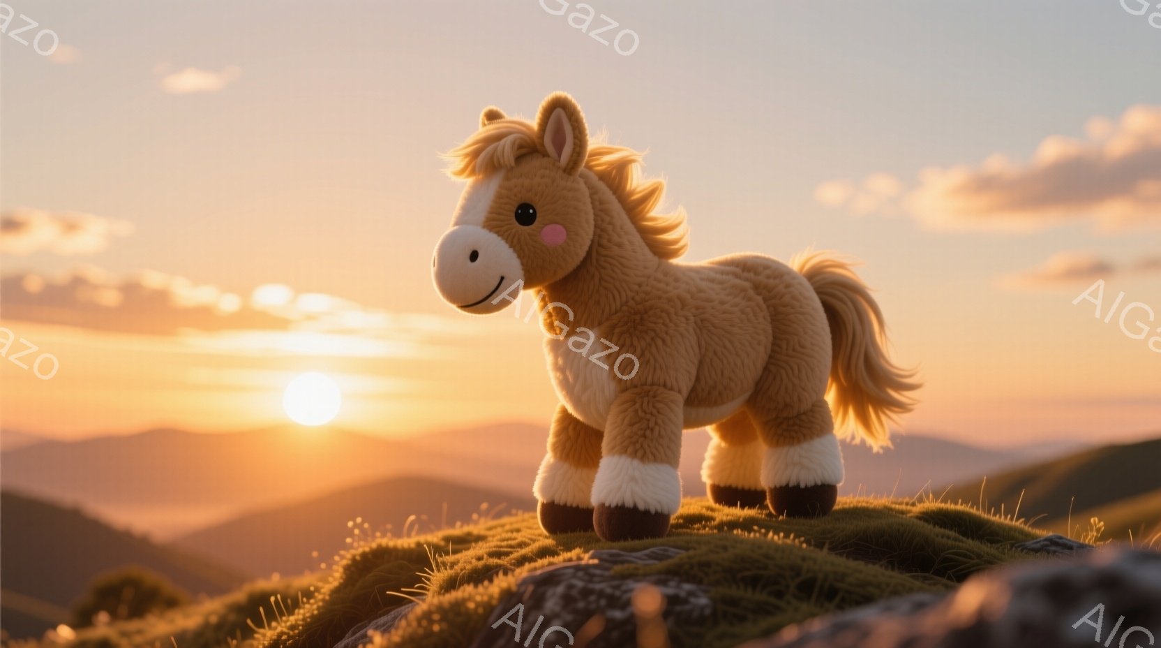 夕焼けを背景に、毛並みの良い茶色のぬいぐるみ馬が小高い丘の上に立っている。その馬は穏やかな表情で、柔らかい光に照らされ、周囲の緑の丘と空のオレンジ色のグラデーションが美しいコントラストを生み出している - AI生成フリー素材