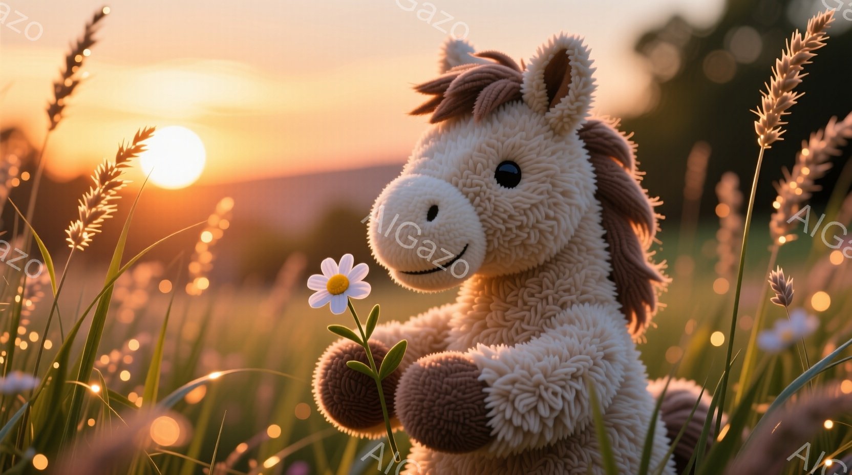 ふわふわした茶色のぬいぐるみ馬が、緑豊かな草むらの中で花を抱えています。夕焼け空が背景に広がり、黄金色の光が草を照らし、穏やかで温かい雰囲気を作り出しています。ぬいぐるみ馬は優しい表情で、リラックスし - AI生成フリー素材