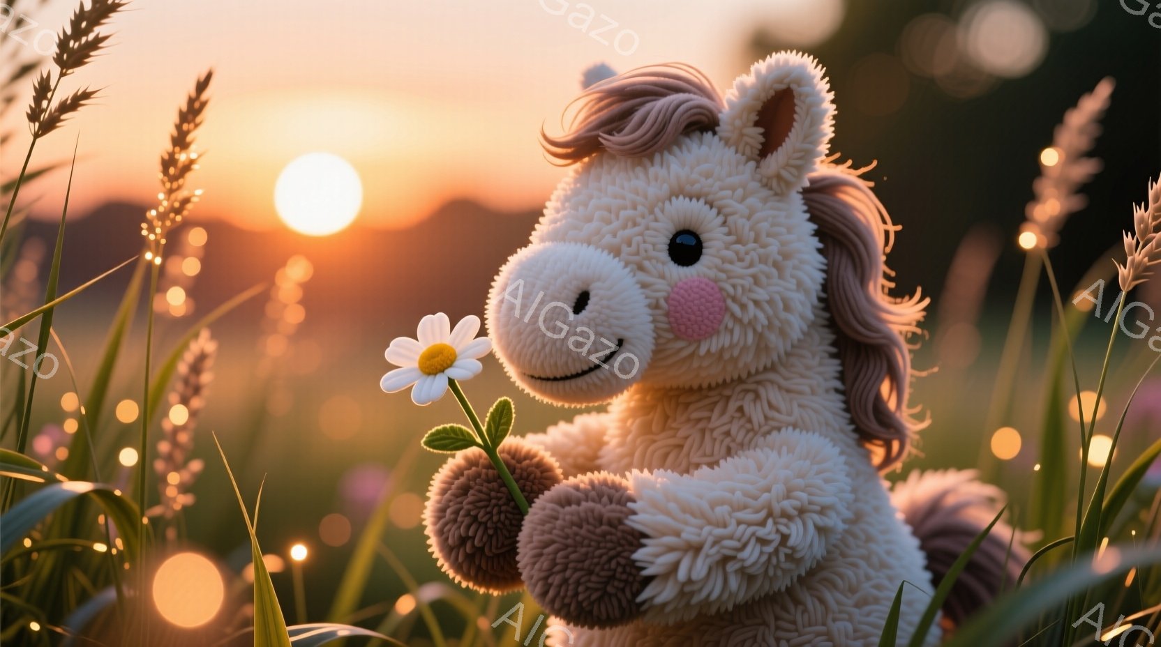ふわふわとした毛並みの白馬のおもちゃが、野原で花を抱えています。夕焼けの時間帯で、背景には黄金色の光が差し込み、草木が輝いています。馬の表情は穏やかで、暖かく優しい雰囲気を醸し出しています。