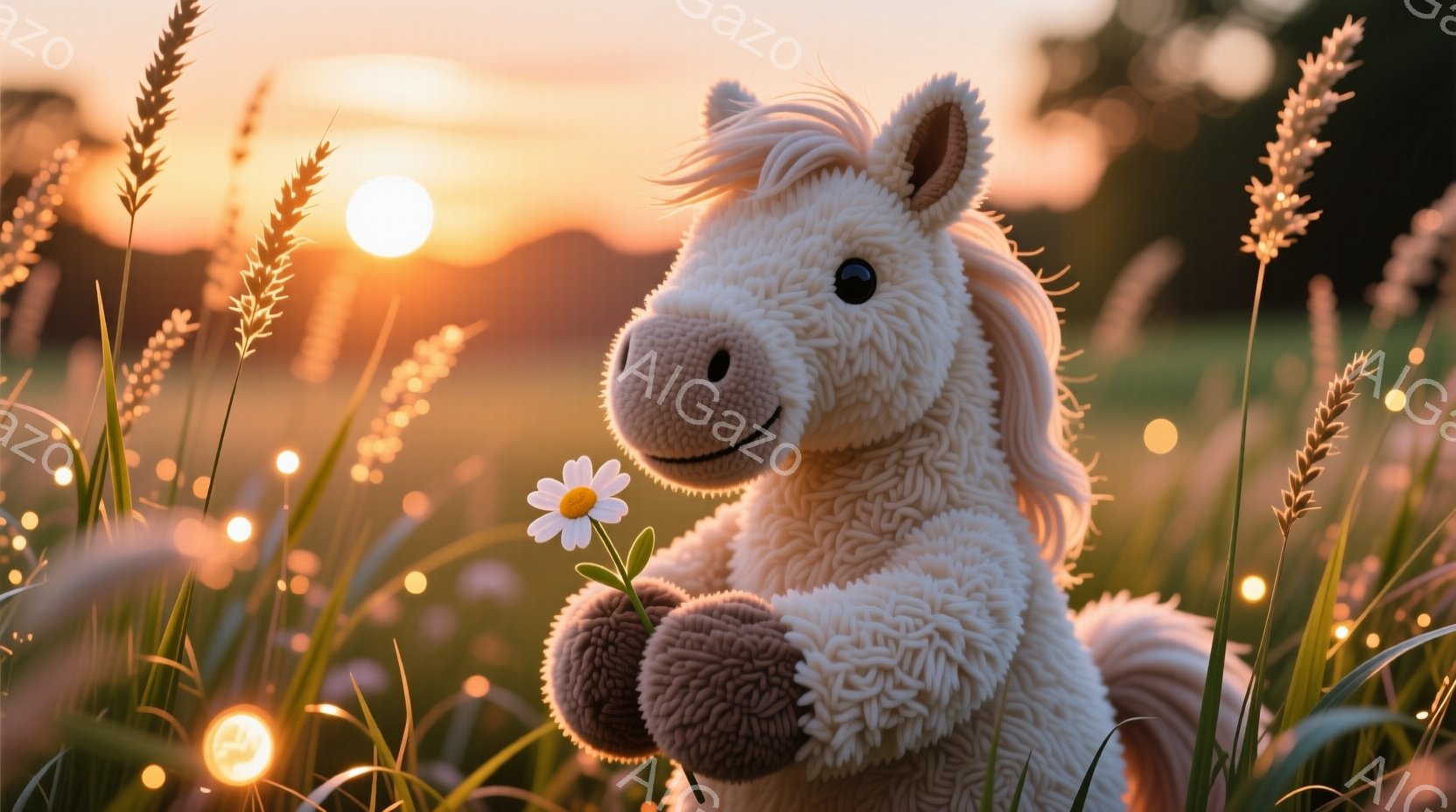ふわふわとした白い馬のぬいぐるみは、花畑の中で片手に白い花を抱えています。表情は穏やかで微笑んでおり、背景には夕焼けに照らされた草原が広がり、暖かく優しい雰囲気を醸し出しています。太陽の光が草を照らし、幻想的な光景を作り出しています。