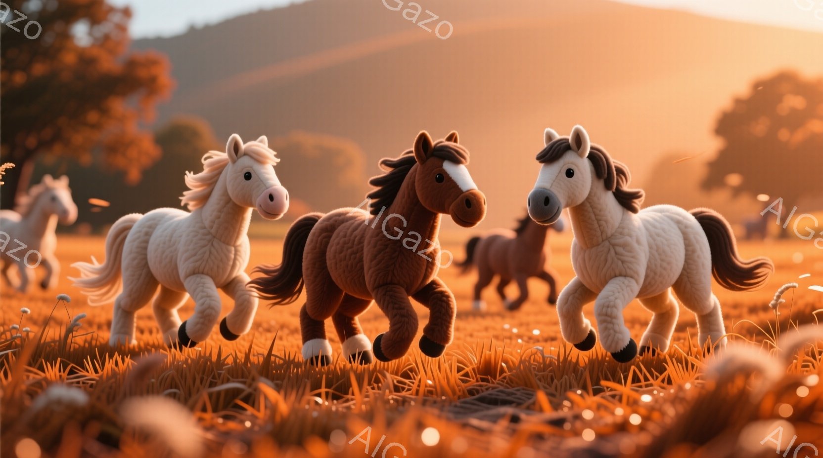 広大な草原を複数の馬が駆け抜けている様子が描かれています。夕暮れ時の暖かくオレンジ色の光が草原を照らし、馬たちは活気に満ちた姿勢で疾走しています。背景には穏やかな丘陵地帯が見え、全体的に安らかで牧歌的 - AI生成フリー素材