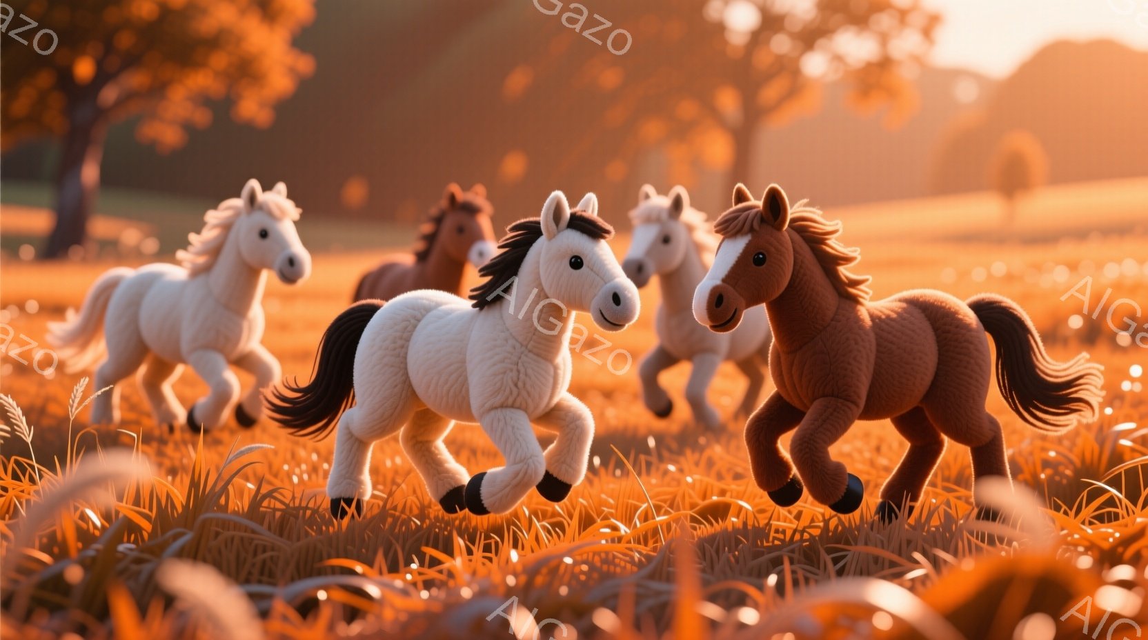 黄金色に輝く草原を、茶色、白、栗色の三頭の馬が疾走している。馬たちは動きに合わせてたてがみをなびかせ、力強く前へと進んでいる様子が伝わってくる。背景にはぼんやりと木々が見え、夕焼けのような暖かく優しい光が全体を包み込んでいる。