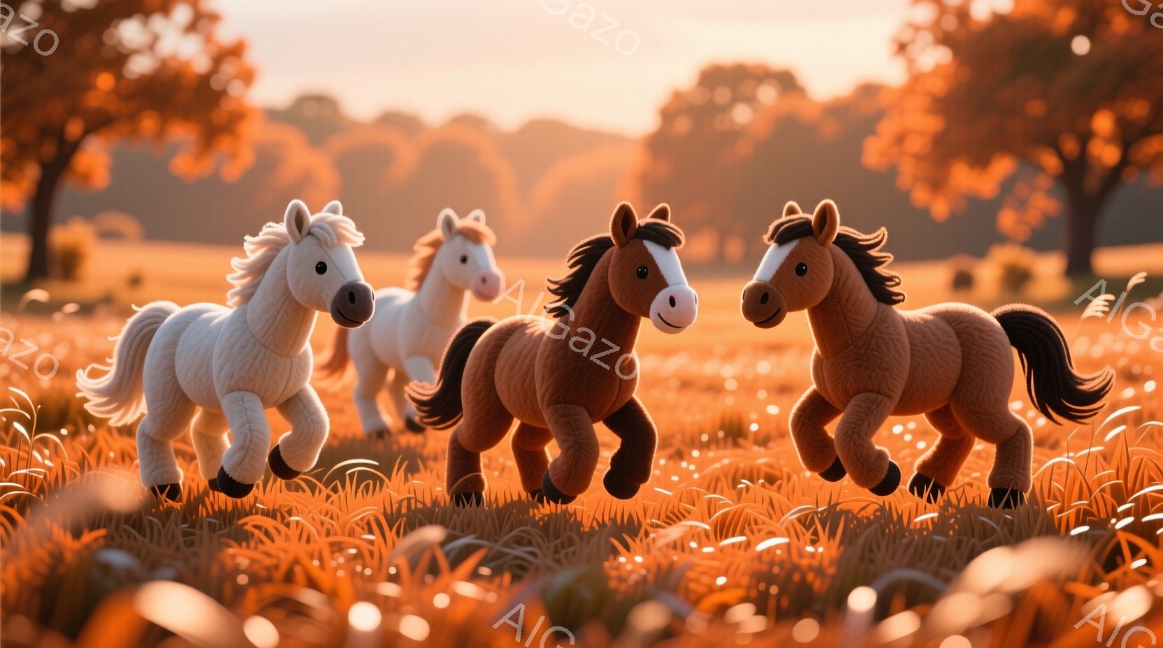 広大なオレンジ色の草原を、三頭の馬が駆けている様子が描かれている。一番手前の馬は茶色で、たてがみと尾が黒く、活発な表情をしている。背景には、秋色の木々が生い茂り、夕焼けのような暖かく柔らかな光が全体を包み込んでいる。