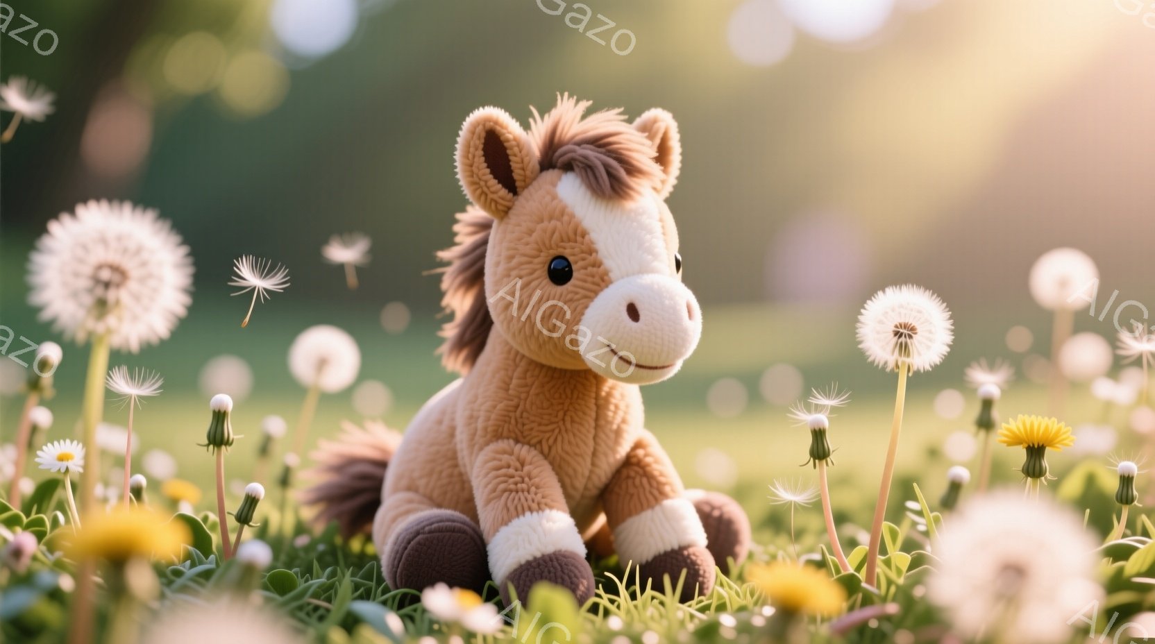 淡い茶色の毛並みを持つ、可愛らしいぬいぐるみのお馬が、緑豊かな草地の間に座っています。白い足元と、たてがみが特徴的で、穏やかな表情を浮かべています。背景には、タンポポや他の野花が咲き乱れ、柔らかい光が差し込み、暖かく優しい雰囲気を醸し出しています。