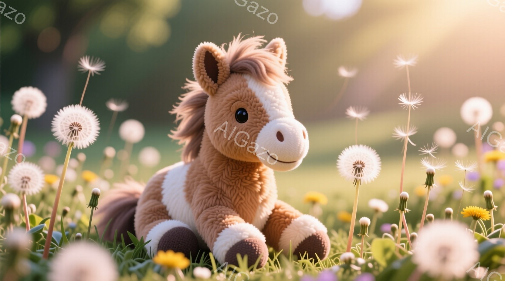 ふわふわの茶色のぬいぐるみ馬が、タンポポがたくさん咲く草原に座っています。穏やかな表情で、まるで春の陽だまりの中でくつろいでいるようです。背景はぼやけており、暖かい日差しが降り注ぐ、のどかな風景が広がっています。