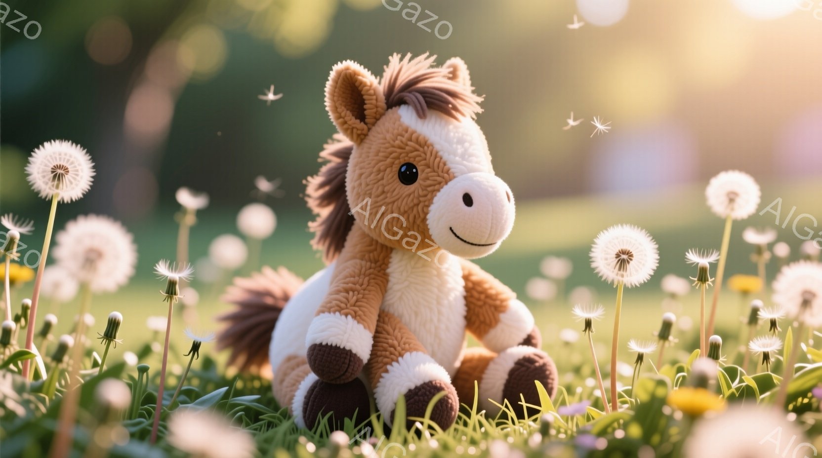 柔らかい茶色の毛並みを持つぬいぐるみのお馬が、白い前掛けをつけて緑豊かな草むらに座っています。お馬は穏やかな表情で、まるで春の野原を楽しんでいるようです。背景にはタンポポがたくさん咲き誇り、空には鳥が舞い、暖かく穏やかな春の日の雰囲気を醸し出しています。