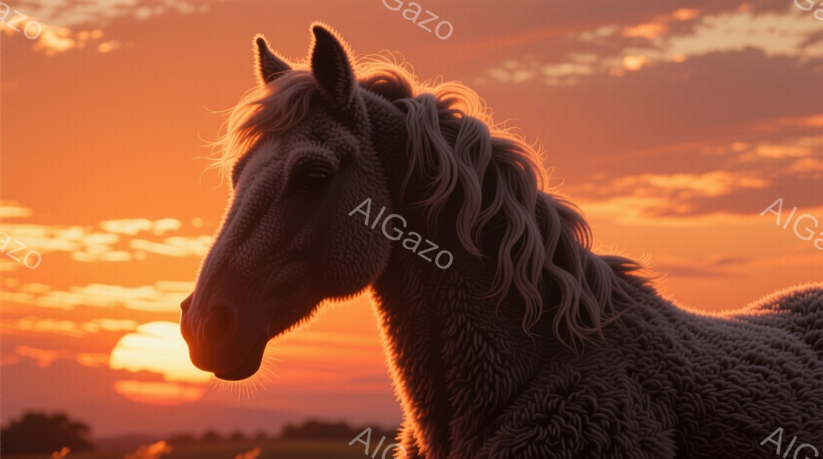 夕焼けを背景に、毛並みの美しい灰色がかった白い馬が正面を向いています。たてがみは長く、風になびいているように見え、顔には穏やかで落ち着いた表情が浮かんでいます。背景は燃えるようなオレンジと赤のグラデーションで、地平線にはぼんやりとした緑の草原と遠くの木々が見え、温かく幻想的な雰囲気を醸し出しています。