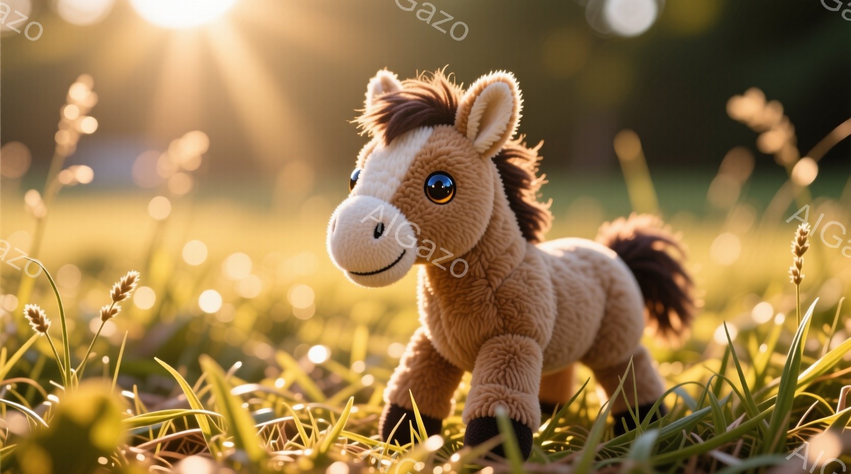 柔らかいベージュ色のぬいぐるみ馬が、緑色の草むらに立っている。顔は愛らしく、黒い目と小さな鼻が特徴的で、穏やかな微笑みを浮かべている。背景は夕日の光が差し込む草原で、暖かく穏やかな雰囲気を醸し出している。