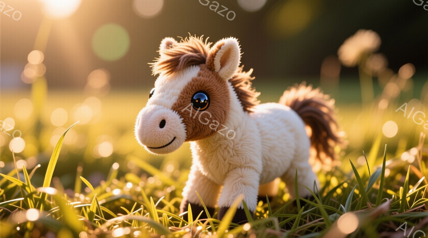 白と茶色のふわふわした子馬のおもちゃが、緑の草むらの中にいます。子馬は正面を見て微笑んでおり、暖かく優しい雰囲気を醸し出しています。背景はぼやけた黄金色の光で満たされ、牧歌的で夢のような雰囲気を演出し - AI生成フリー素材