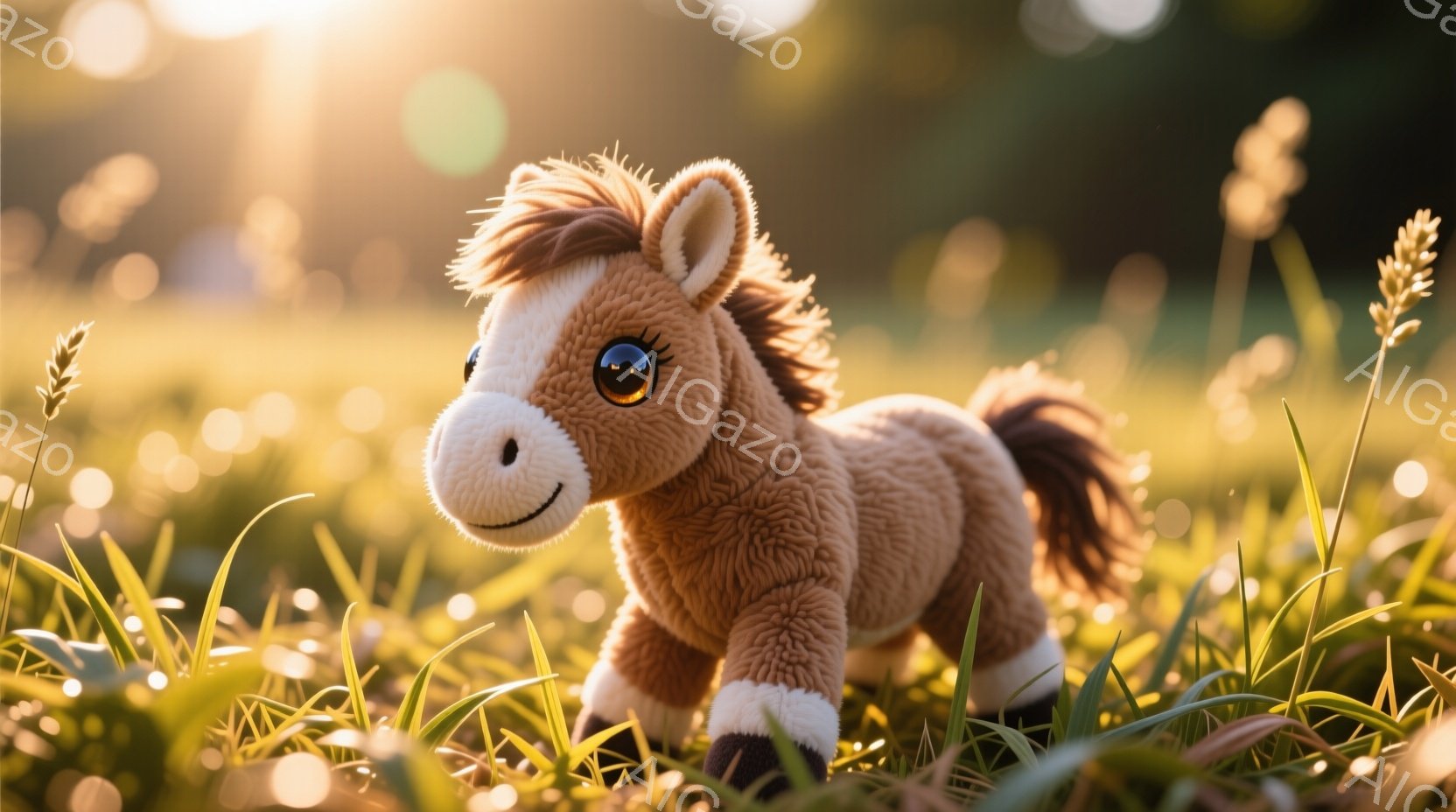 柔らかい茶色の毛並みを持つ、小さな子馬のぬいぐるみです。緑色の草むらの中に佇み、優しい表情でこちらを見ています。背景はぼやけており、暖かい日差しが差し込む穏やかな雰囲気です。 - AI生成フリー素材