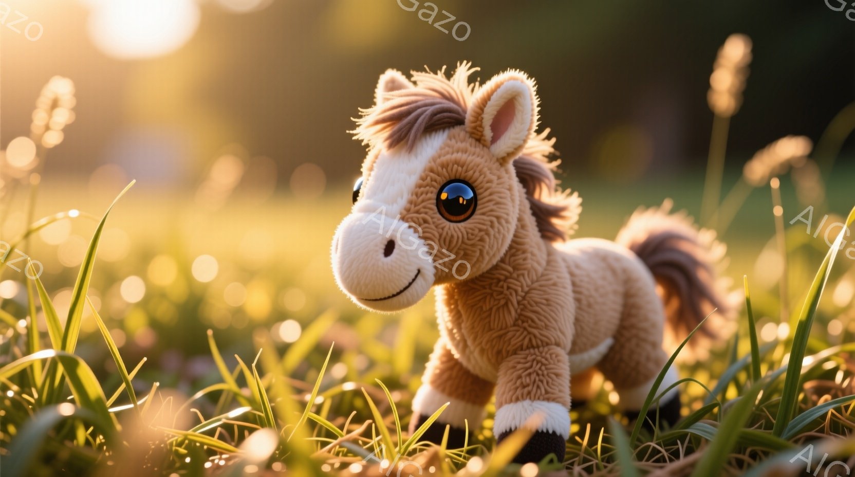草の上にいるぬいぐるみの子馬を描いています。茶色い毛並みに、黒い蹄とたてがみが特徴で、可愛らしい表情をしています。背景は緑豊かな草原で、夕日のような暖かく柔らかな光が差し込み、穏やかで牧歌的な雰囲気を - AI生成フリー素材