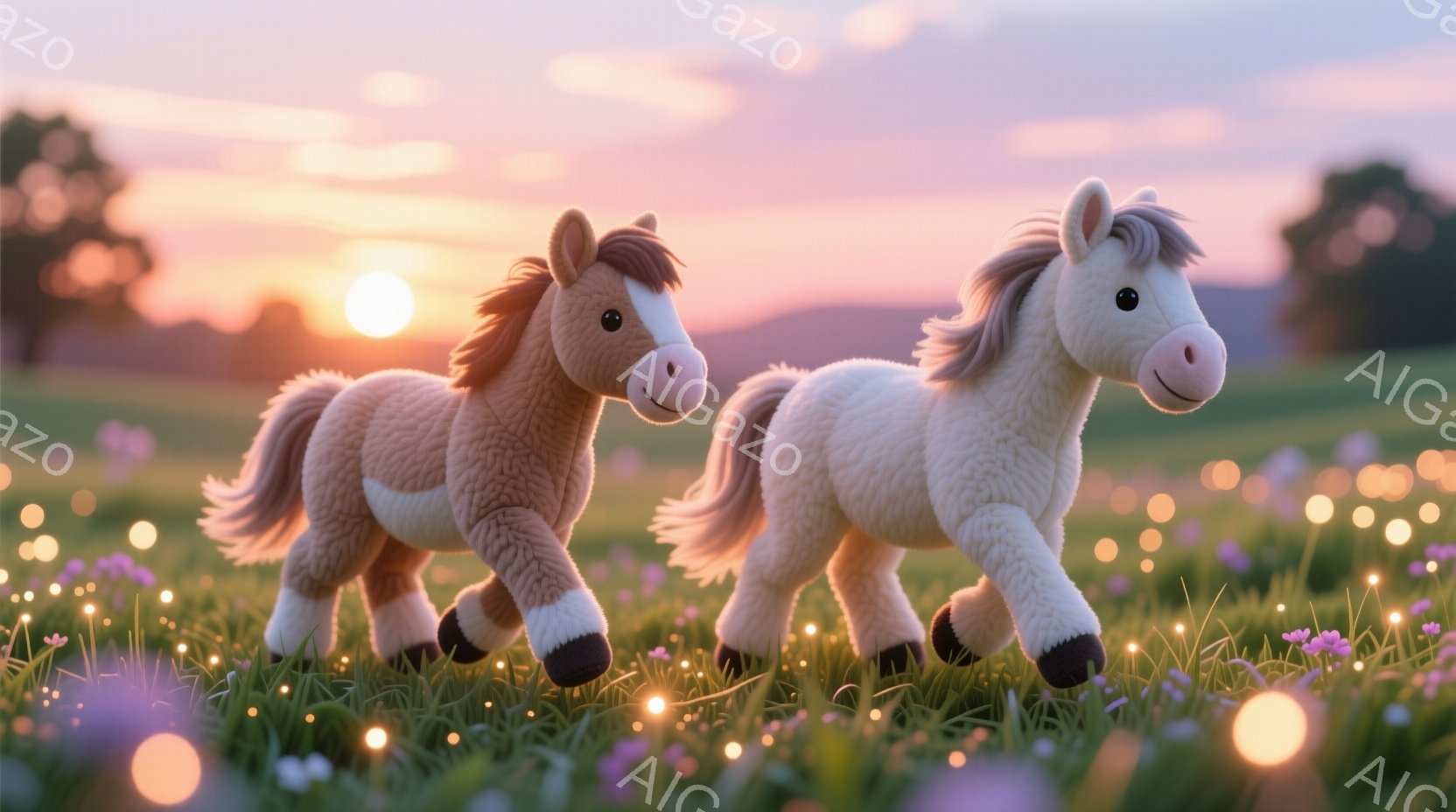 柔らかい毛並みの二頭の白い馬が、紫とピンクの花が咲く緑豊かな草原の中を歩いている。背景には、夕焼けの空と、ぼんやりとした山並みが見え、暖かく幻想的な雰囲気を醸し出している。馬たちはリラックスした表情で、穏やかな夕暮れの中をのんびりと散歩している様子が伝わってくる。
