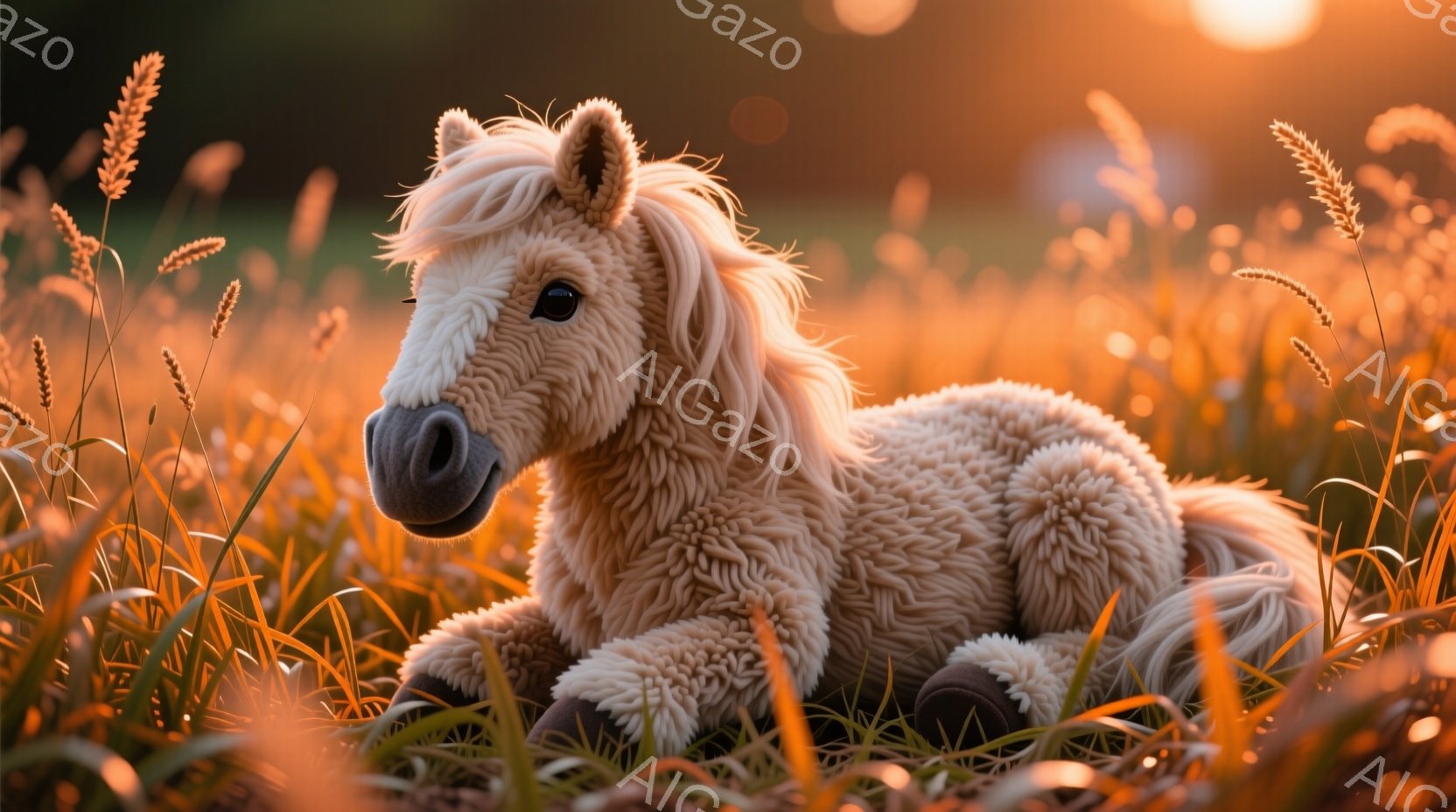 黄金色の草原の中に、毛並みの美しいクリーム色の馬のぬいぐるみが横たわっています。夕日のような暖かな光が草原を照らし、馬のぬいぐるみはリラックスした表情で穏やかな雰囲気を醸し出しています。周囲には乾燥した草が茂り、自然の温かさと静けさを感じさせる一枚です。