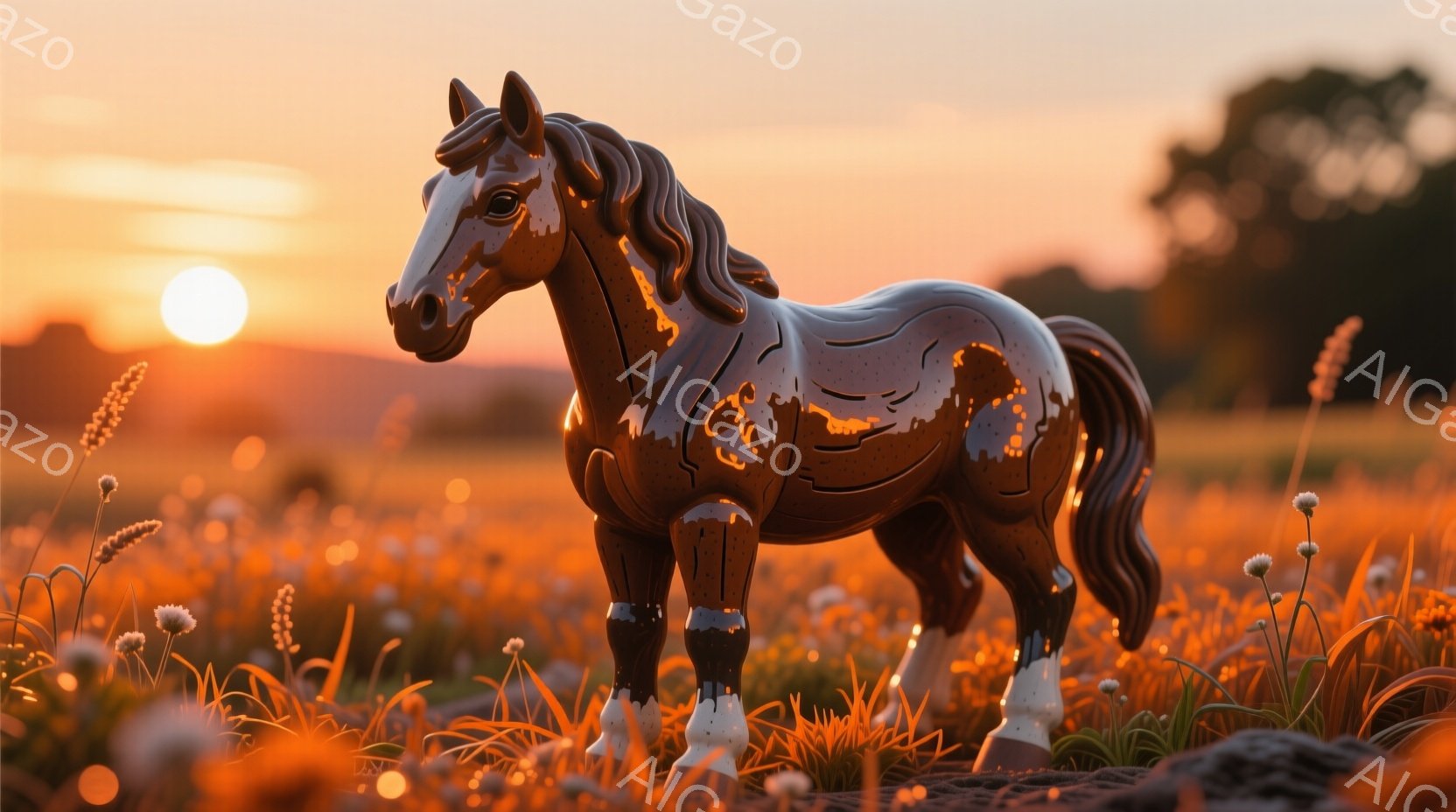 深い赤茶色の馬が、オレンジ色の花々が咲き乱れる草原の中に立っている。夕焼けの光が馬の体を照らし、そのシルエットを際立たせている。穏やかな夕暮れ時の雰囲気で、馬は静かに佇み、平和な光景が広がっている。