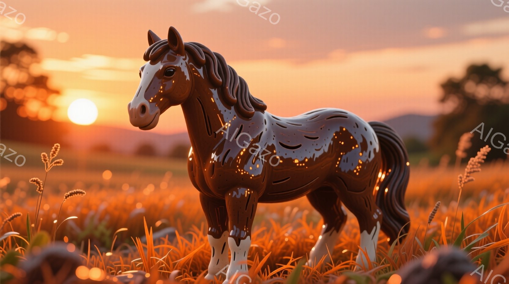 夕焼けに照らされた草原に、茶色の馬が佇んでいます。その体は独特の幾何学的なパターンで構成され、まるで彫刻のような印象を与えます。背景には、オレンジ色の草が広がり、遠くには山々がシルエットとなって見えま - AI生成フリー素材