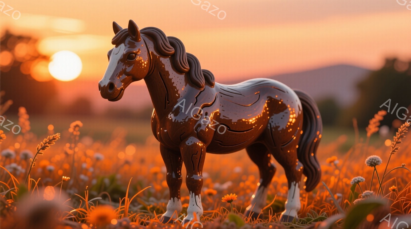 深い茶色の馬が、オレンジと白の花々が咲き乱れる草原に立っている。夕焼けが背景を暖かく照らし、空はオレンジと赤のグラデーションで、穏やかで平和な雰囲気を醸し出している。馬は落ち着いた姿勢で、静かに夕焼けを眺めているように見える。