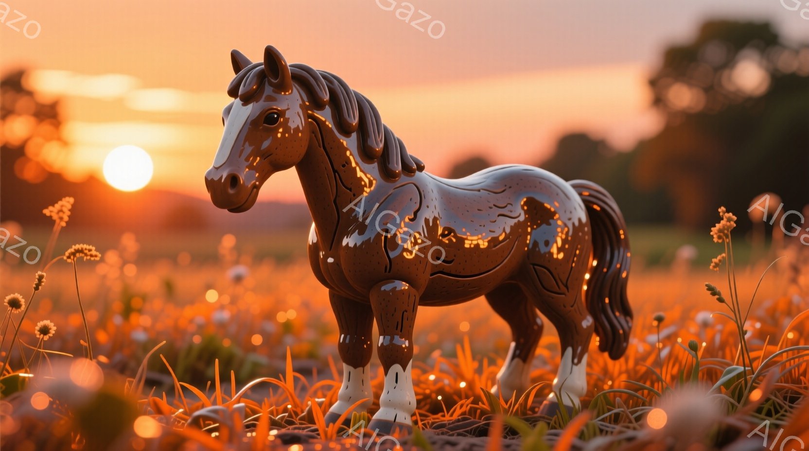 チョコレート色の馬が、オレンジ色の野原の中に立っている。夕焼け空が背景に広がり、暖かく穏やかな雰囲気を作り出している。馬の足元には小さな花々が咲き乱れ、まるで絵画のような美しい光景だ。