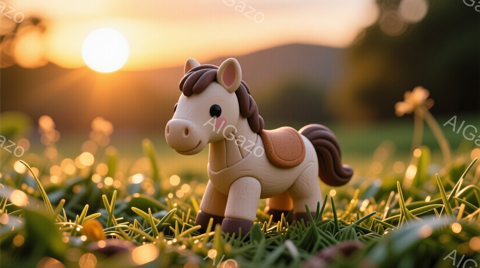 緑豊かな草の上に立つ、かわいらしいミニチュアの馬を描いています。馬はクリーム色の体に、茶色のたてがみと尾を持っており、小さなサドルを背中に載せています。背景は夕焼けの空と、ぼやけた緑の風景で、暖かく穏 - AI生成フリー素材