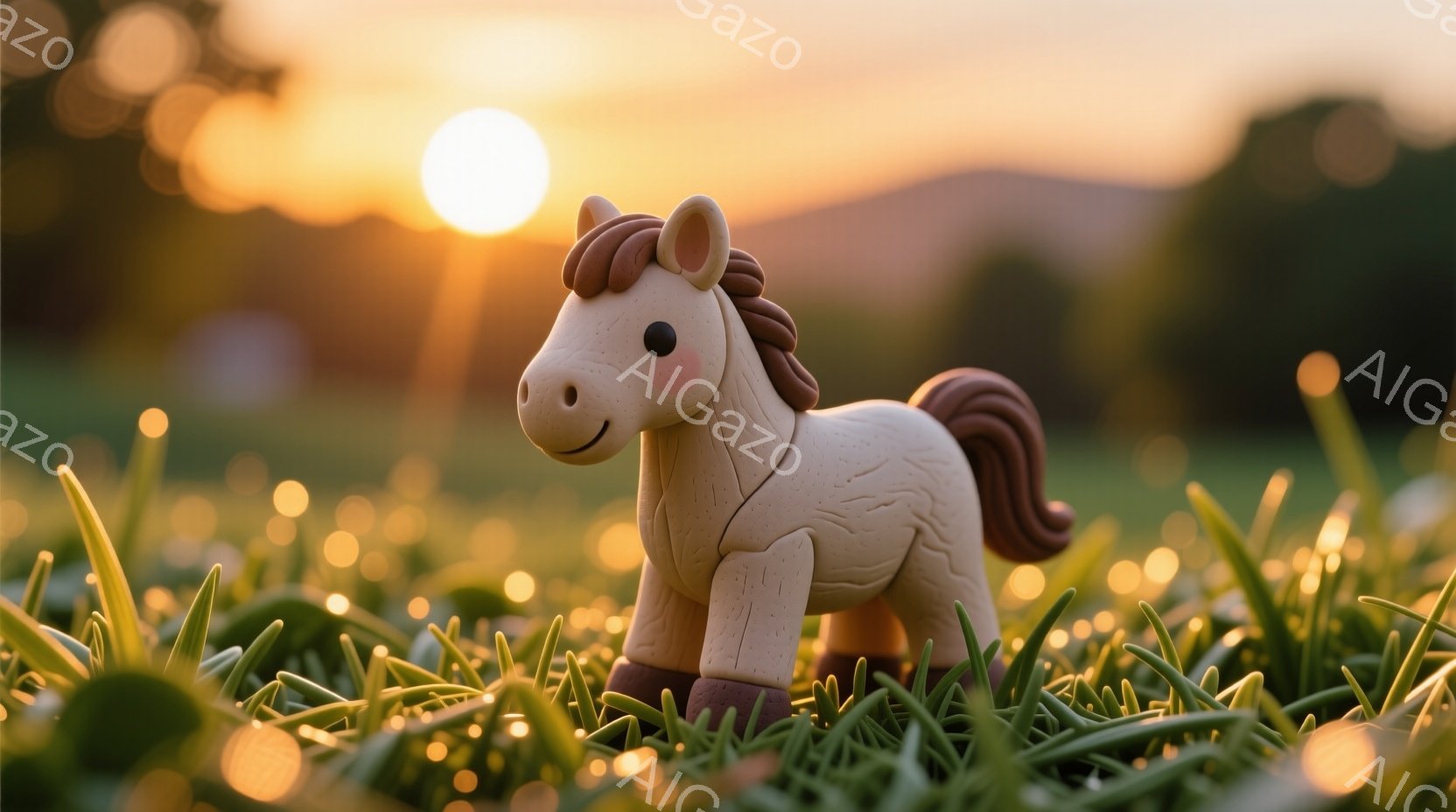 緑色の草むらの中に、かわいらしい茶色の鬣とたてがみを持つ白い馬のおもちゃが立っています。背景は夕焼けに染まった空と、ぼやけた遠くの丘陵地帯で、暖かく穏やかな雰囲気が漂っています。馬のおもちゃは前足をわ - AI生成フリー素材