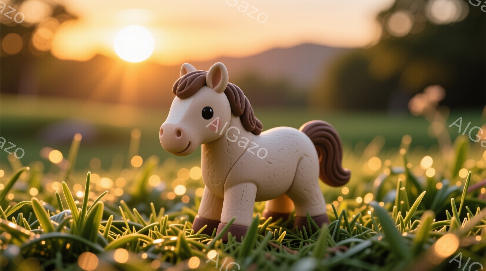 柔らかいクリーム色の小柄な馬が、緑色の草むらに立っている。夕焼けの暖かい光が馬のシルエットを照らし、背景にはぼんやりとした山の稜線と、まばゆい光を放つ太陽が見える。 全体的に穏やかで牧歌的な雰囲気で、心地よい黄昏時の光が印象的だ。