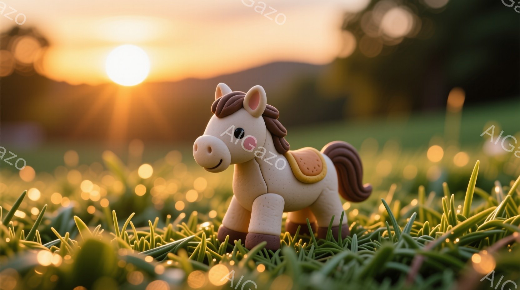 柔らかいクリーム色の馬のおもちゃが、緑色の草むらに立っている。その馬は小さなサドルを背中に乗せ、優しい表情でこちらを見ている。背景には、夕焼けのオレンジ色の空と、ぼんやりとした山の稜線が広がり、温かく - AI生成フリー素材