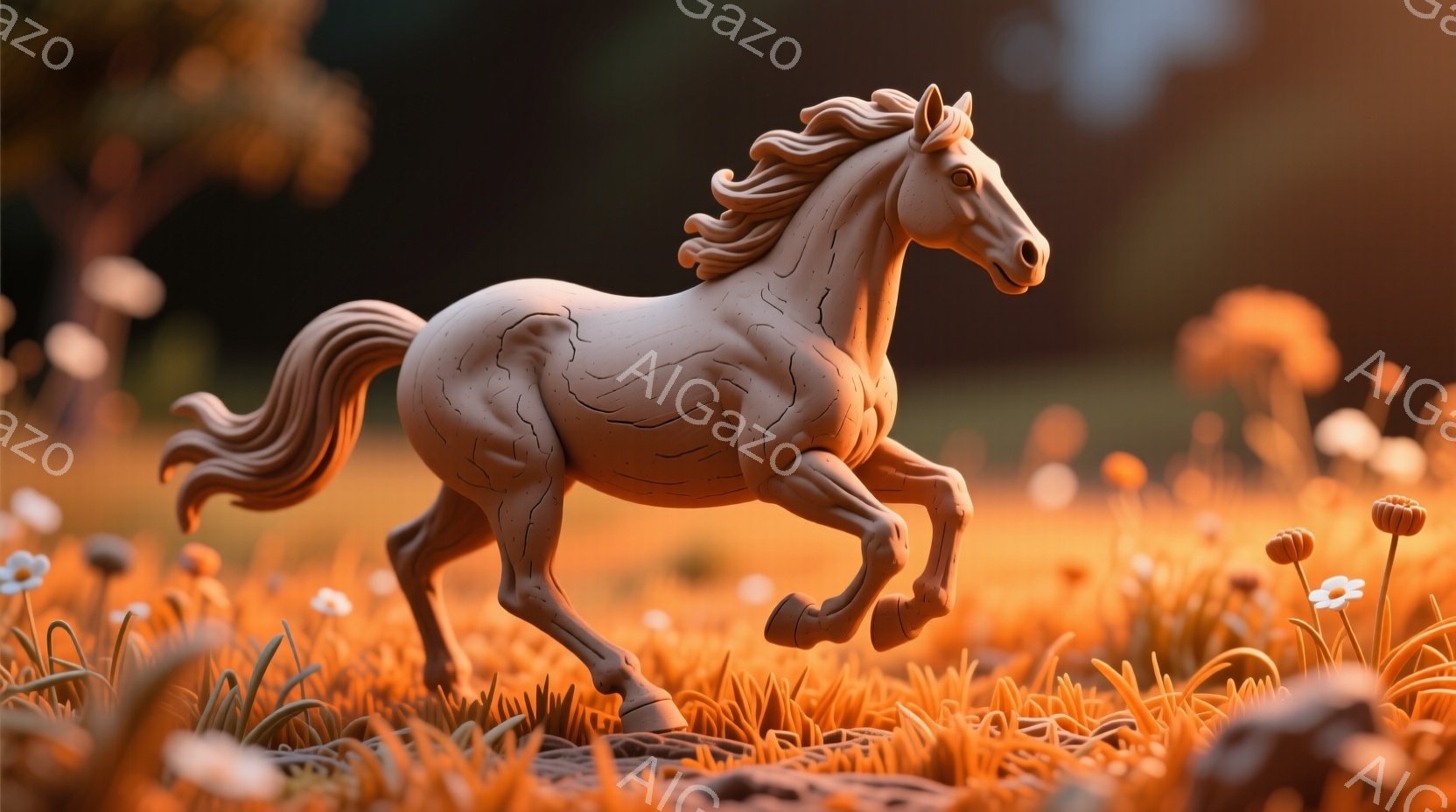 滑らかな質感の茶色の馬が、オレンジ色の草が生い茂る野原を駆け抜けている。馬は力強く前進しており、たてがみと尾が風になびいている。背景にはぼやけた木々が見え、暖かく穏やかな夕暮れの雰囲気を感じさせる。