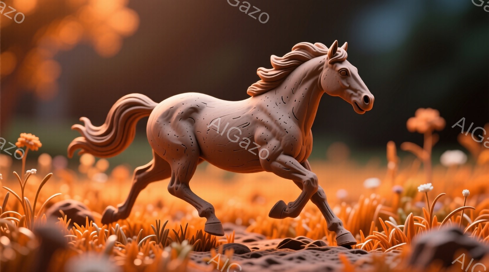 滑らかなオレンジ色の粘土のような質感の馬が、オレンジ色の花が咲き乱れる野原を駆けている。馬の毛並みは丁寧に彫り込まれており、躍動感あふれる姿勢と、わずかに開いた口元が生き生きとした表情を表現している。 - AI生成フリー素材