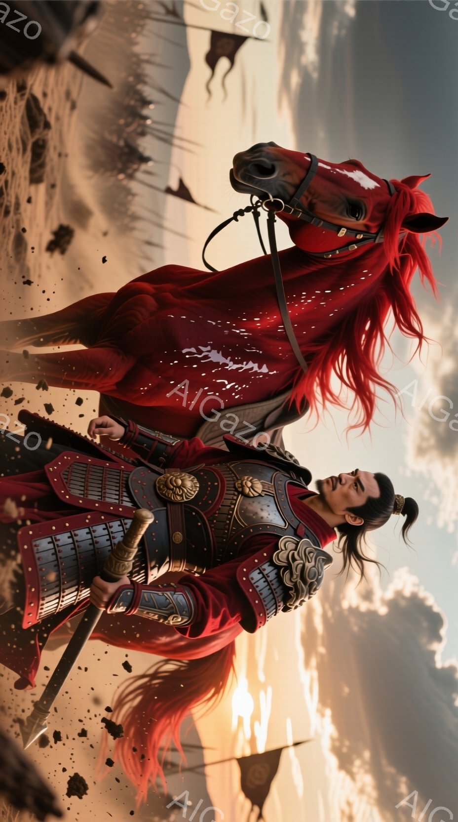 赤い装飾が施された鎧を身につけた武士が、赤い毛並みの馬にまたがって疾走している。彼は長い黒髪を後ろで束ね、決然とした表情で前方を見据えている。背景には夕焼けのような空と、ぼんやりとした建物のシルエットが見え、全体的に勇壮で力強い雰囲気を醸し出している。