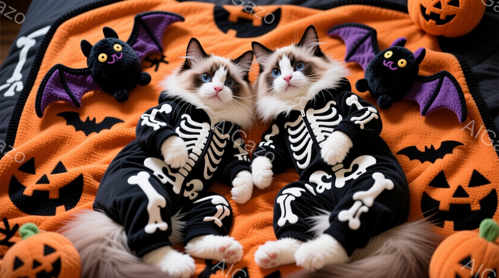 白と黒の毛並みを持つ2匹の猫が、ハロウィーンをテーマにしたオレンジ色の背景の中で、骸骨模様の黒い衣装を着ています。猫たちはリラックスして横たわり、好奇心と少しの戸惑いが見える表情でカメラを見つめていま - AI生成フリー素材