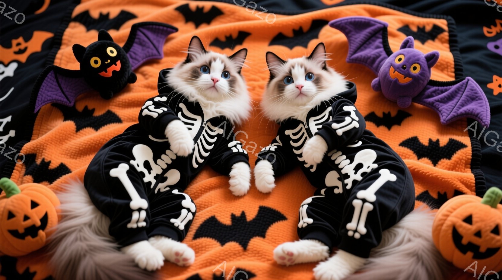 白い毛並みに黒い模様が入った猫が二匹、ハロウィーンをテーマにした衣装を着てオレンジ色の背景に座っています。猫たちは骸骨の模様がプリントされた黒いジャンプスーツを着ており、お茶目な表情でカメラを見つめて - AI生成フリー素材